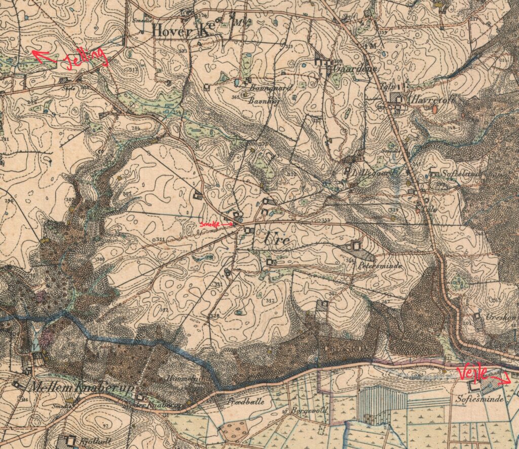 Kort over Uhre Landsby, 1868-1912. Indeholder data fra Styrelsen for Dataforsyning og Infrastruktur, målebordsblade, farvemønsterblade, hentet marts 2024.