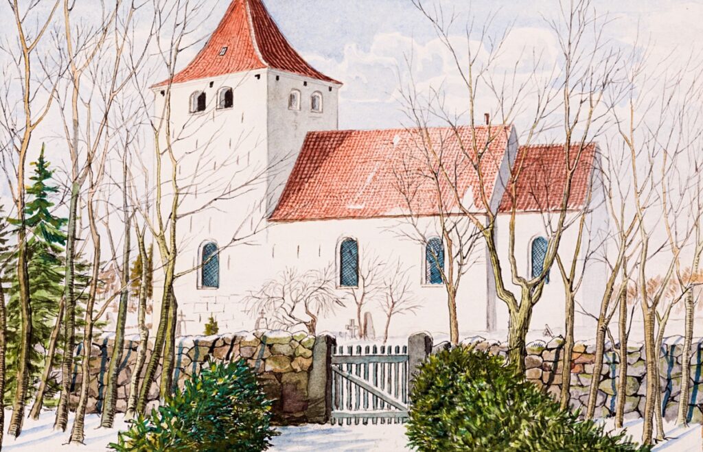Thyregod Kirke. Maleri af Jens Kjær Carlsen før 1905. Delt af Nationalmuseets Samlinger under Creative Commons-licens.