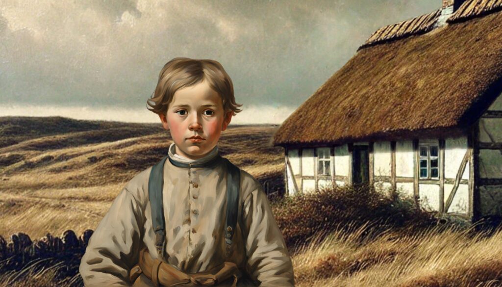 AI genereret billede af en dreng, der står foran et bondehus.